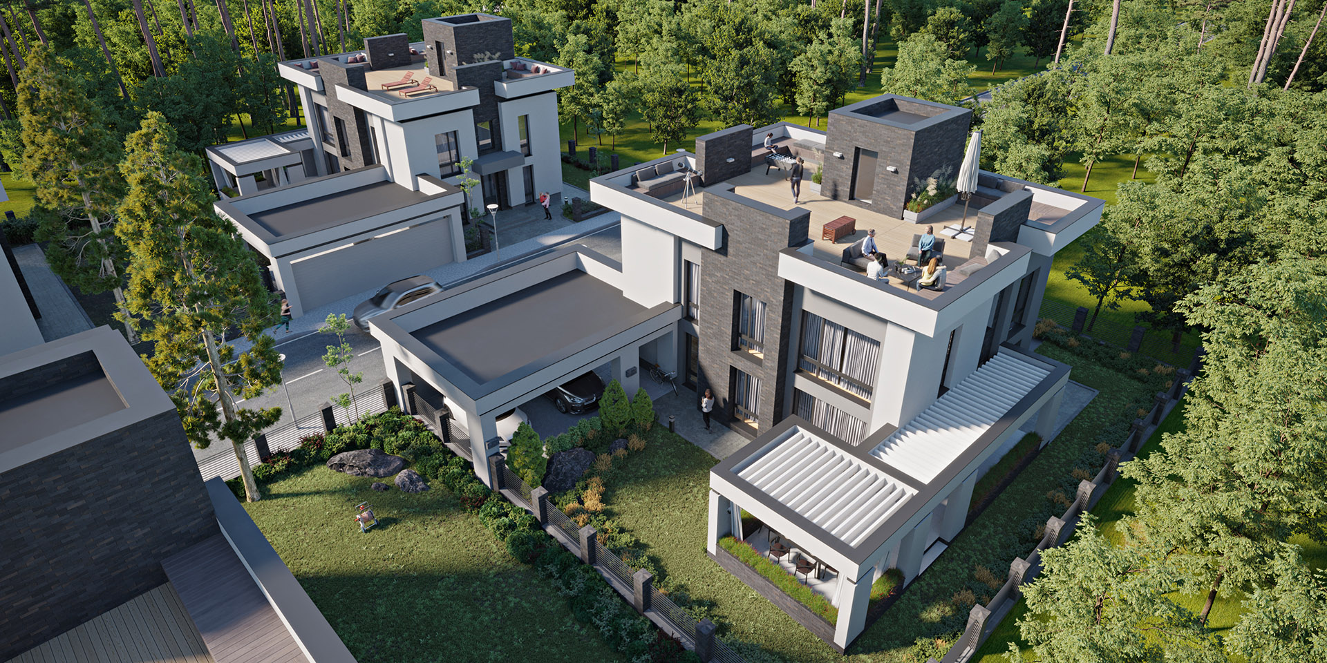 computer rendering of a large home with a flat roof
